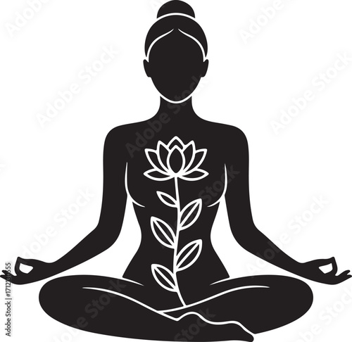 Serene silhouette woman meditating, lotus flower symbol