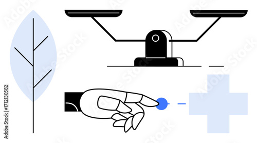 Scales, robotic hand, blue sphere, medical cross, leaf symbolizing technology, health, balance, and environment. Ideal for health tech sustainability innovation robotics wellness ethics
