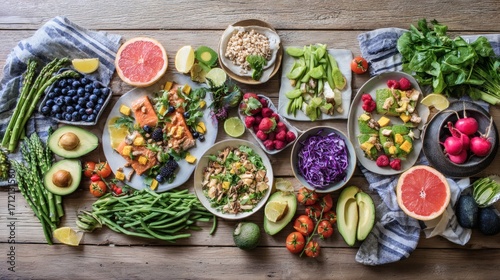 Wallpaper Mural Assortment of nutritious foods on wooden table, showcasing a balanced diet. Torontodigital.ca