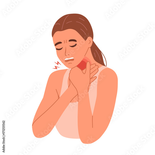 Vector sick woman with sore throat as a symptom of virus infection. Girl holding her neck with inflammation and pain as a result of covid or flu
