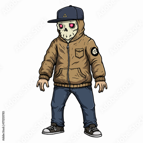 Cartoon character with a skull face, glowing red eyes, wearing a brown hoodie, blue jeans, and a baseball cap.