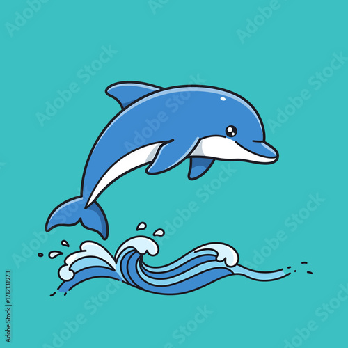 Vector cartoon dolphin jumping from water, flat 2D style