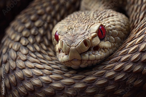 Close up of a dangerous venomous red rattlesnake with its tongue out in the desert