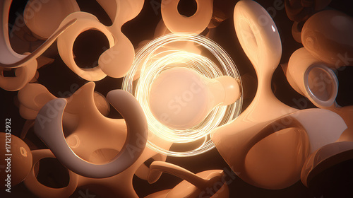 lightbulb. A glowing lightbulb surrounded by floating abstract shapes, radiating warm light against a dark gradient background. STEM education sheets.