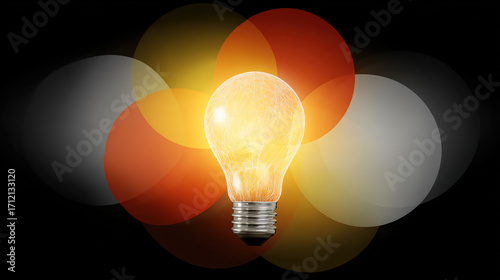 lightbulb. A glowing lightbulb surrounded by floating abstract shapes, radiating warm light against a dark gradient background. STEM education sheets.