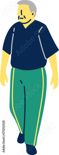 Illustration of an Elderly Man Walking with Casual Attire and Simplistic Style