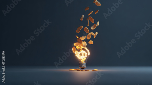 lightbulb. A glowing lightbulb surrounded by floating abstract shapes, radiating warm light against a dark gradient background. STEM education sheets.