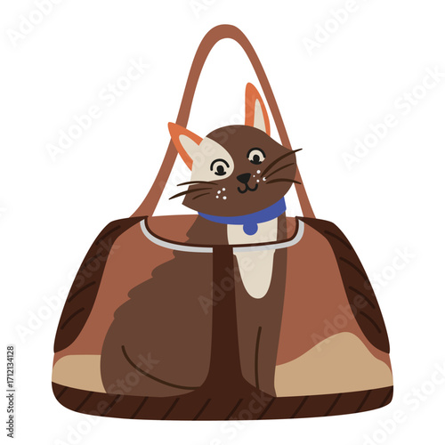 Cat sitting inside the pet carrier bag looking out flat vector illustration isolated on white.