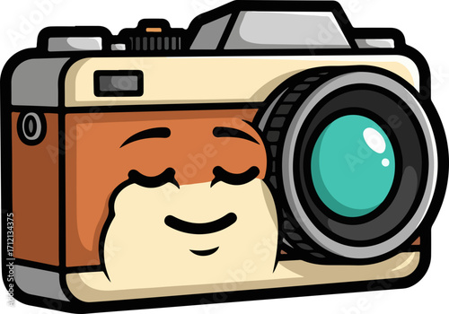 Cute vintage camera cartoon character with a happy and relaxed smiling face. Adorable retro photography mascot icon, isolated on a white background.
