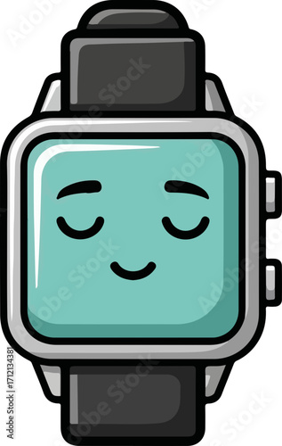 Cute smartwatch cartoon character with a calm, smiling face. Happy and relaxed wearable technology mascot icon, isolated on a white background.