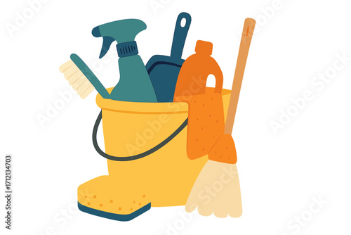 Cleaning service tools vector set. Spring cleaning concept with bucket, mop, spray, brush, and detergent. Household chores equipment flat illustration on white background.