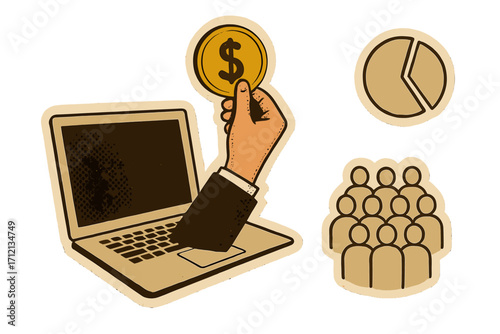 Crowdfunding investment concept. Vintage collage sticker metaphor with hand giving money from laptop. Online payment, startup funding, crowd investment, making money online.