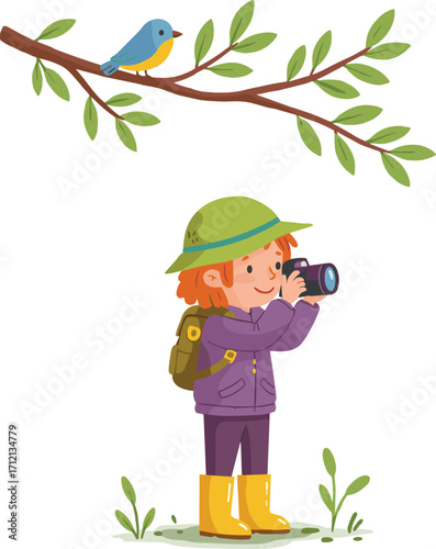 Cartoon child birdwatcher, kid taking photo, bird on branch, outdoor nature exploration, wildlife photography, adventure, cute character, vector illustration