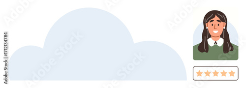 Woman avatar in a green sweater with a five-star rating displayed beside a cloud graphic. Ideal for user feedback, reviews, profiles, customer satisfaction, ratings, testimonials, and community
