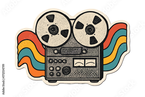 Reel-to-reel tape recorder in groovy 70s pop art style. Halftone rainbow design on retro music player. Vintage audio technology concept. Analog sticker cutout effect.