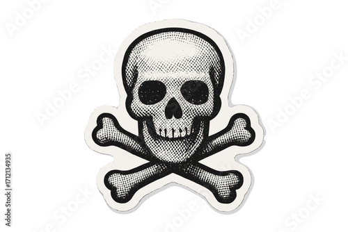 Human skull and crossbones in halftone dot style. Vector illustration of a pirate Jolly Roger symbol. Sign for poison, danger, or death. Isolated cartoon sticker design.