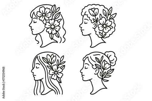 Set of four female portraits in profile. Line art women heads with flowers and leaves. Feminine beauty and diversity concept for International Women's Day. Elegant floral logo.