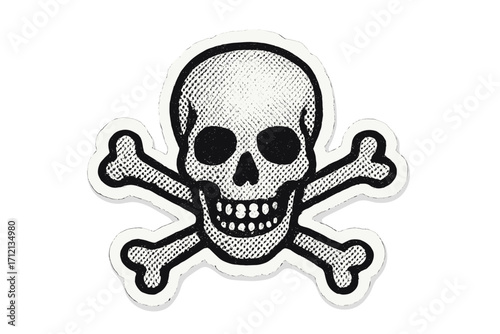 Human skull and crossbones in halftone dot style. Pirates Jolly Roger flag symbol. Sign of poison or danger. Vector isolated torn paper sticker illustration for design.