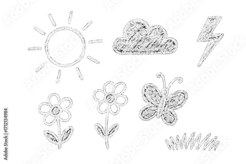 Kids chalk drawing set. Cute collection of child's hand-drawn scribble elements. Summer nature and weather doodles: sun, flower, cloud, butterfly, grass, lightning bolt. Vector.