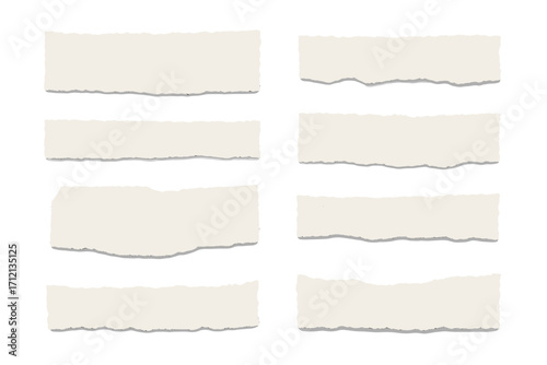 Paper torn rip edge strip pieces set. Blank ripped paper banners with abstract grunge texture. Cardboard shreds for scrapbook, notebook tears and collage elements.