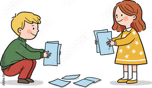 Cartoon children playing with paper, boy and girl holding sheets, kids sharing documents, educational activity, teamwork, childhood learning illustration