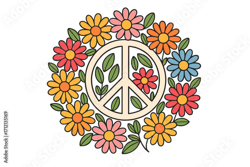 Peace sign in floral flower wreath. Hippie groovy 60s 70s retro symbol. Flower power, love and peace concept. Flat cartoon vector illustration isolated on white background.