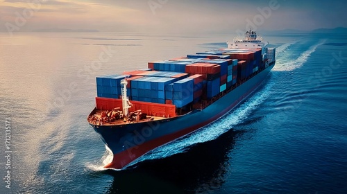 Large cargo ship navigating calm waters at sunrise with colorful shipping containers stacked on deck
