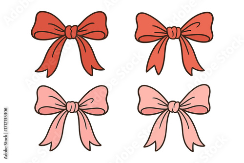 Coquette aesthetic red and pink bows set. Girly vintage ribbon for hair decor. Knotted bow isolated. Trendy feminine accessories. Cute hairstyle elements. Hand drawn vector.