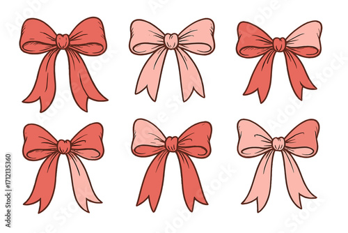 Coquette aesthetic bows set. Collection of cute girly red and pink knotted ribbons. Vintage style hand drawn vector illustration for hair decor and trendy fashion accessories.