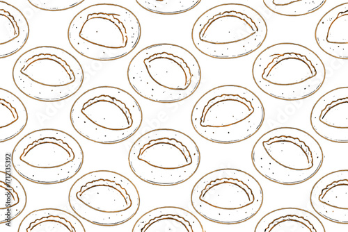 Hand-drawn seamless pattern of Mexican empanadas. Vector contour outline illustration of traditional Latin American street food. Sketch style for restaurant menu or fabric.