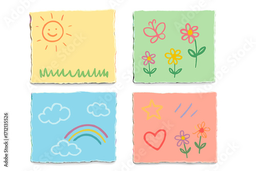 Set of colorful torn-edge paper sheets with shadows featuring childlike hand-drawn sun, flowers, butterfly, rainbow, hearts, and star doodles, playful and naive vector cartoon illustration
