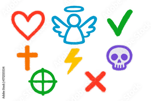 Colorful graffiti spray art symbols set with heart, cross, thunderbolt, angel, skull, check mark, and sight icons, vibrant spray texture vector elements collection