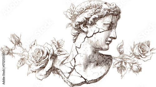 Classical Bust with Broken Details and Rose Adorn - Elegant Antique Sculpture Photo