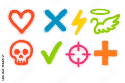Colorful graffiti spray paint symbols set with heart, cross, lightning bolt, angel wings, skull, check mark, and target sight with spray texture, vibrant vector signs for design