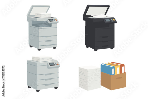 Set of multifunction office floor copiers with printer and scanner, light gray and black colors, open and closed lids, stacks of paper and document folders in box, office equipment concept