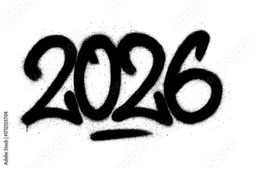 Urban graffiti 2026 sprayed tag with black overspray effect on white background, bold street art font style, grunge vector cartoon illustration with transparent background, edgy modern design