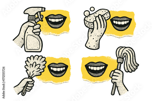 Spring cleaning halftone collage banners set with hands holding cleaning tools, mouth expressions, torn paper stickers, funny flat vector illustration, household chores concept