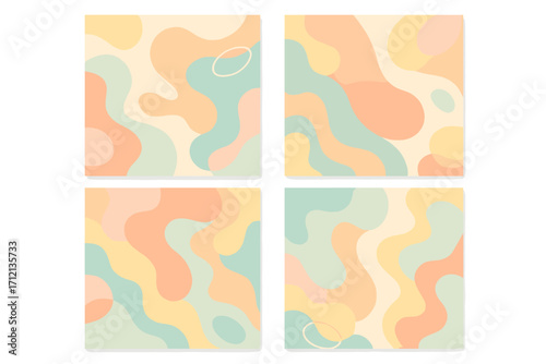 Summer cover set with fluid abstract liquid shapes, flowing geometric art in pastel colors, minimal style design, vintage vector packaging layout, juicy organic forms, smooth modern background pattern