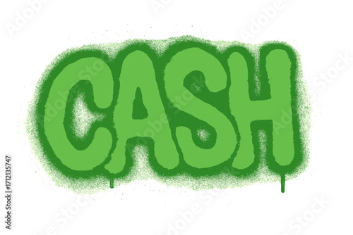 Urban green graffiti text "CASH" with spray paint overspray effect, textured street art design, bold cartoon-style vector illustration on white background for urban culture and money concepts
