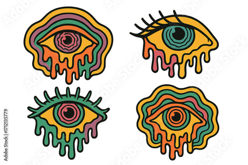 Psychedelic trippy melting eyes set, surreal dripping eye illustrations, 70s retro hand-drawn vector cartoons, colorful contour art collection, vibrant psychedelic design
