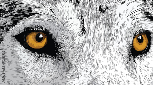 Intense White Wolf Eyes Close-Up on Black Background Vector Illustration