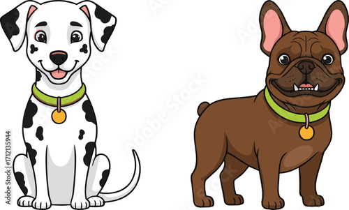 Cartoon dog illustration, cute Dalmatian and French Bulldog, happy pet animals, domestic dogs vector, playful puppy artwork for design projects