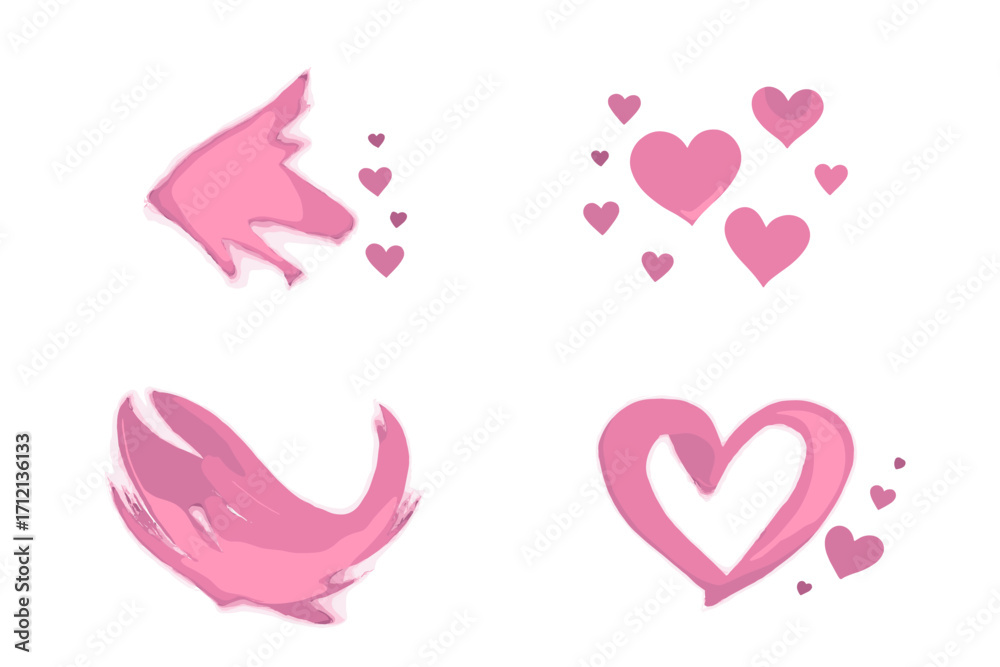 Pink hearts and abstract light effects for romantic designs. Crystal glow, lens flare, light leak, and bokeh for Valentine's day. Brush stroke heart shape. Vector elements set.