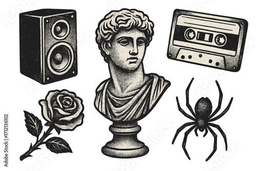 Vintage Y2K retro grunge design set with loudspeaker, antique statue bust, cassette tape, rose flower, spider illustration with grainy negative photocopy effect
