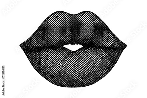 Woman lips in kiss shape with black halftone dots effect, vintage style vector illustration, pop art cartoon design, retro makeup concept, transparent background, stylized mouth art