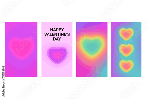 Valentine's Day social media stories template set in Y2K aesthetic. Trendy minimalist greeting cards with blurry aura hearts and vibrant colorful love gradients concept.