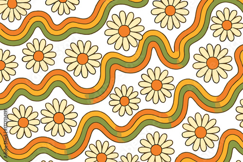 70s groovy seamless pattern with vintage daisy flowers. Psychedelic floral background with wavy rainbows. Fun hippy texture for surface design, fabric and wallpaper.