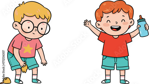 Cartoon kids illustration, two happy boys, child with glasses, cute smiling boy, baby bottle, childhood fun, playful children drawing