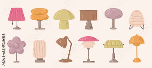 Different modern table lamps. Hand-drawn illustrations of cozy home lightning. Vector set of fashion Design interior elements.