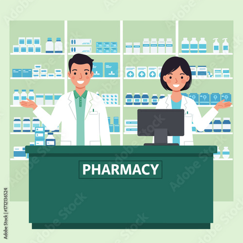 A female and male pharmacist are tending to the pharmacy.